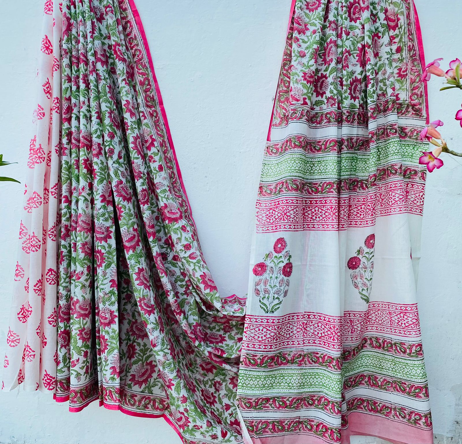 Hand block print soft cotton saree with blouse